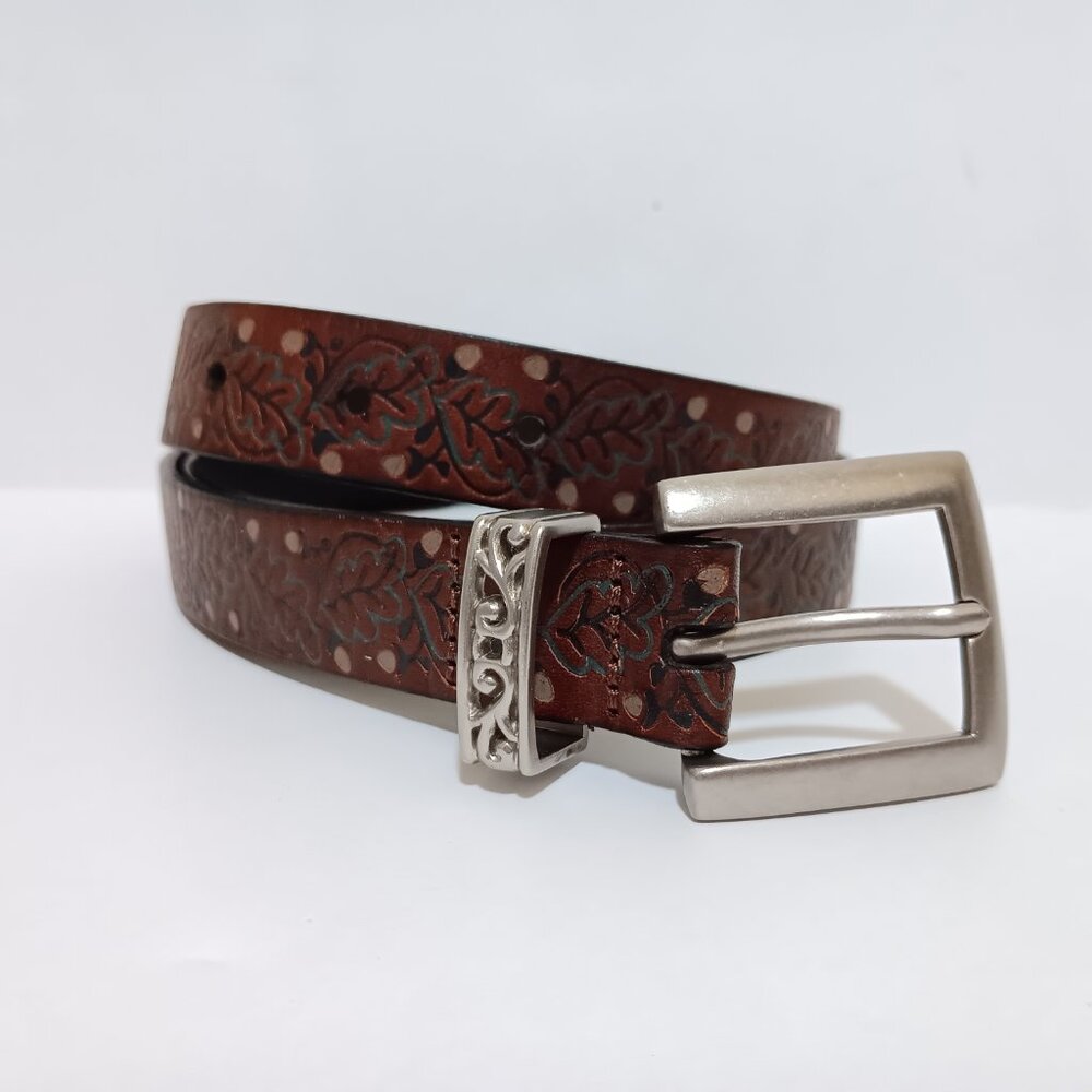 Women's Brown Leather Embossed Leaves Acorns 1" Belt Size L